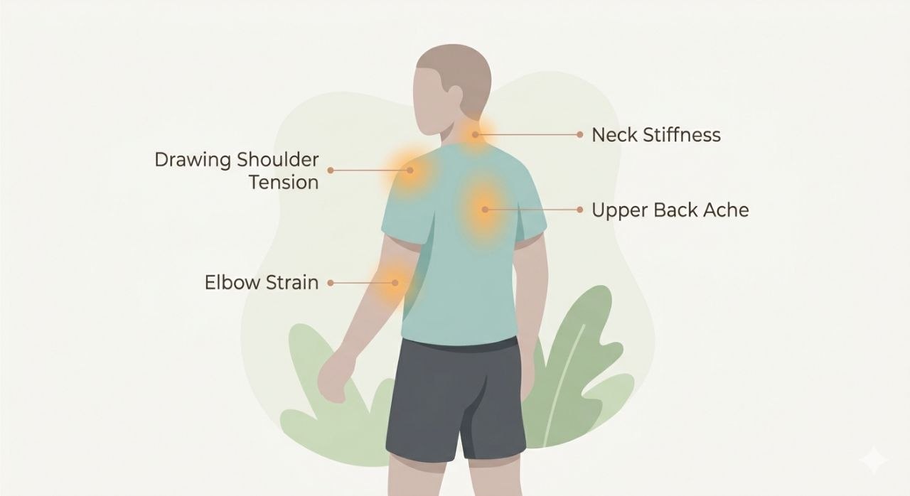 Diagram of common archery pain points: drawing shoulder tension, neck stiffness, upper back ache and elbow strain