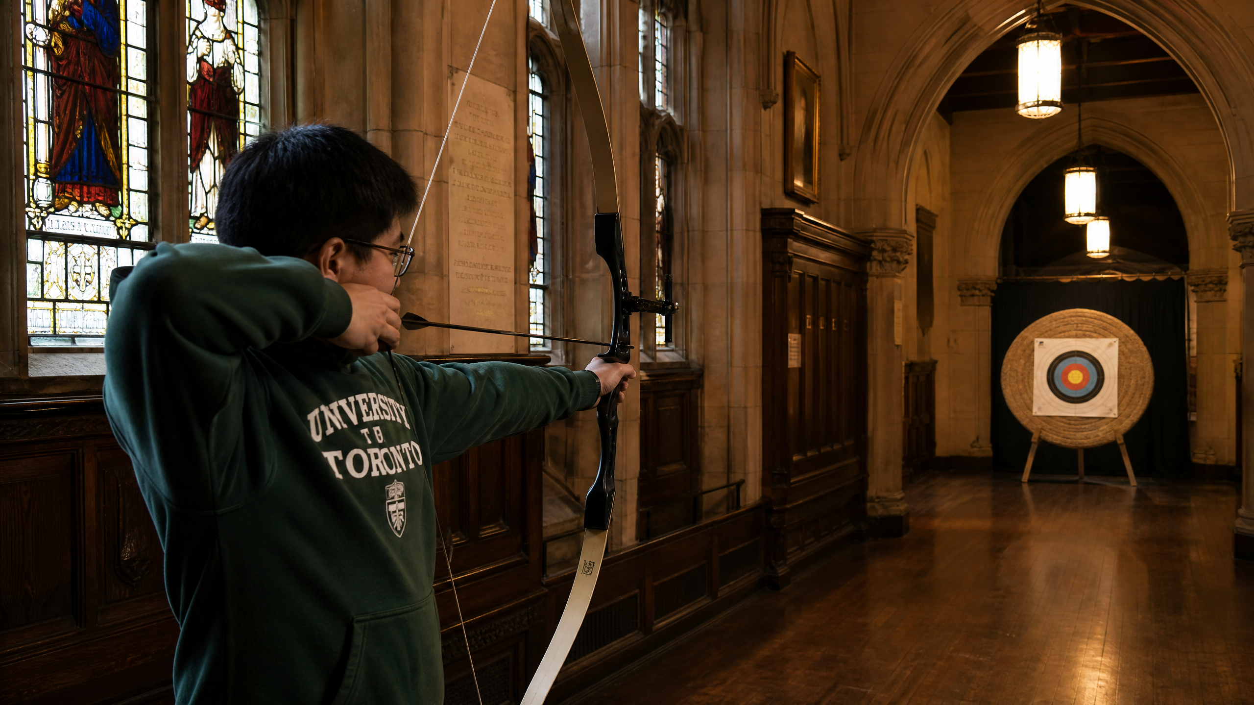 Historic university building with a recurve bow and a straw bale target