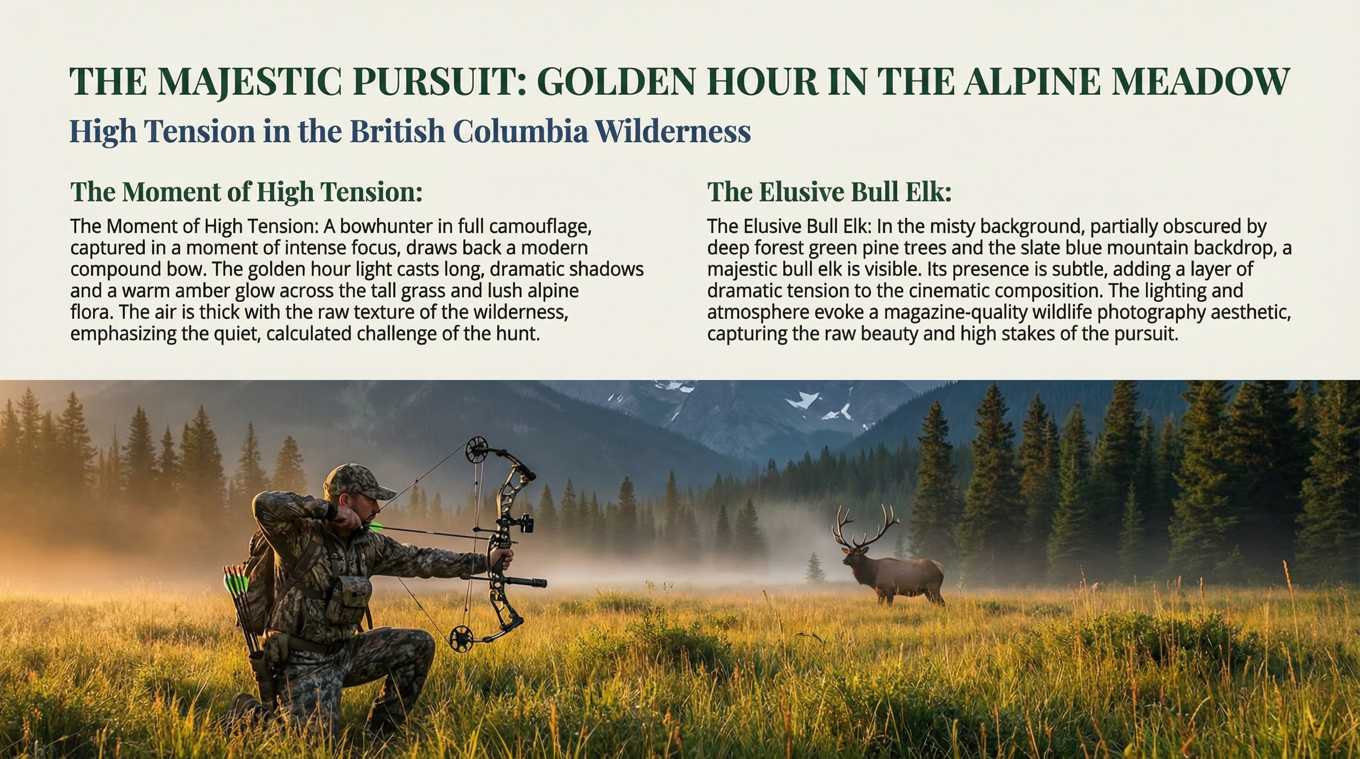 Bowhunter drawing back on a bull elk in a BC alpine meadow