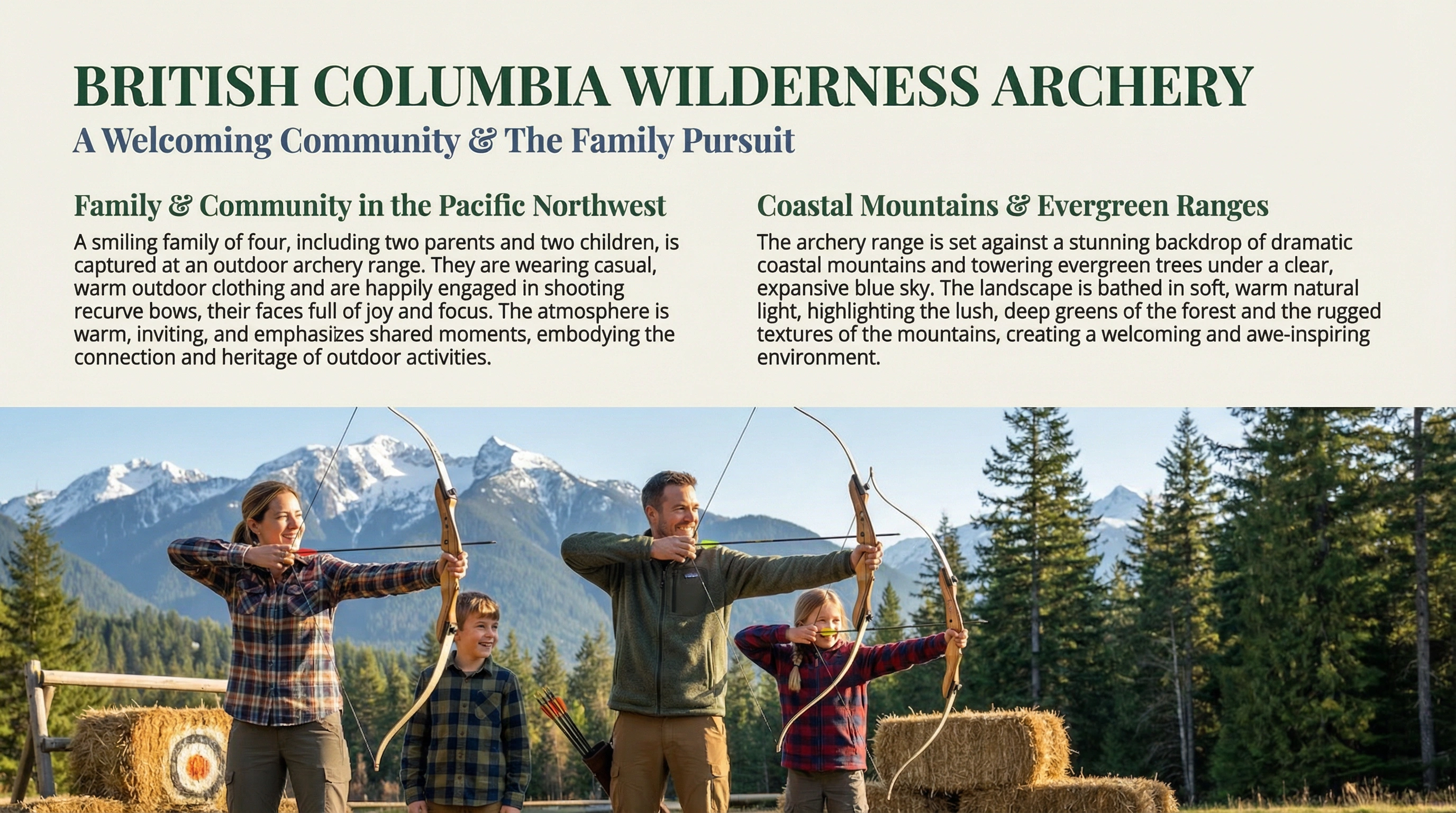 Family shooting recurve bows at an outdoor range in BC