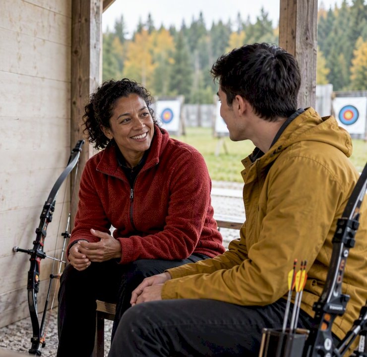 Two archers sit and talk under a covered shooting line, with a bow leaning on the wall and targets on the field behind them
