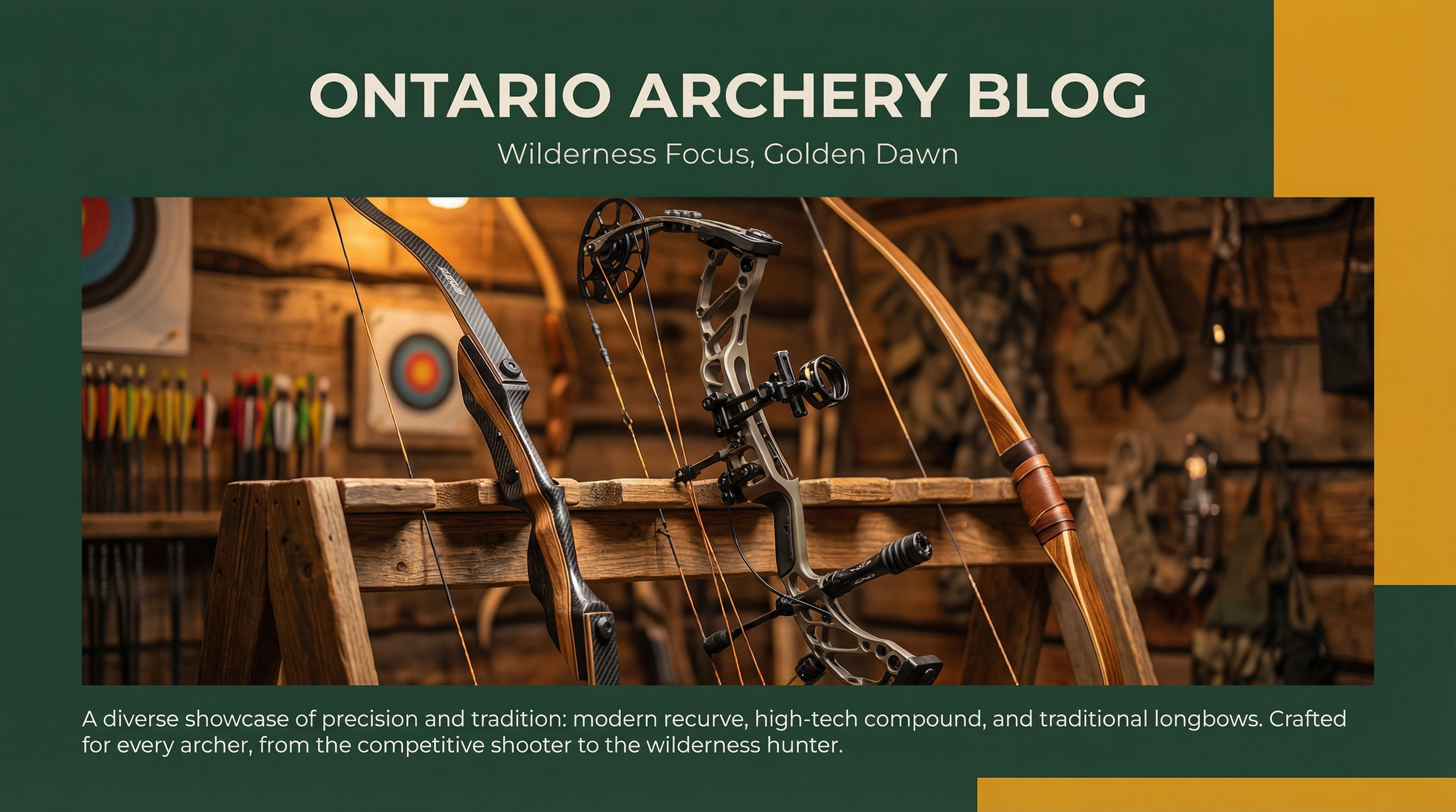 Recurve, compound, and longbow on a wooden rack