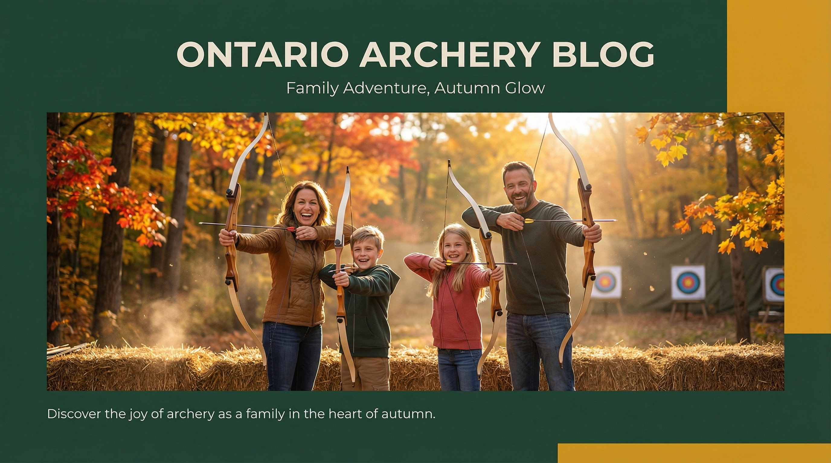Family shooting bows at an outdoor range in autumn